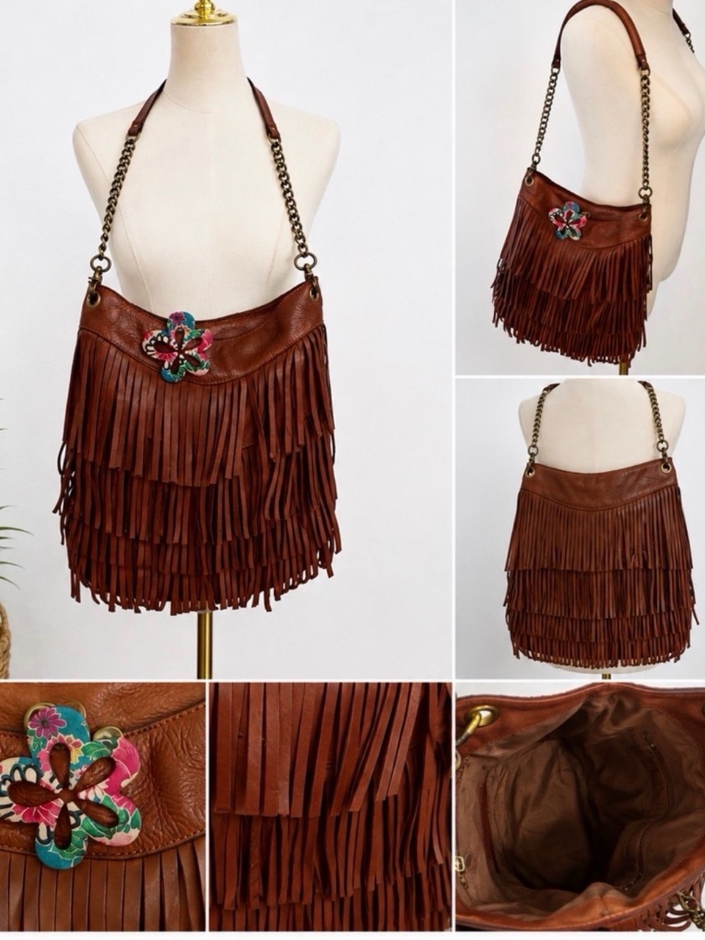 Brown Leather Boho Fringe Hobo Shoulder Bag Floral Western
